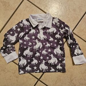 Kids Long-Sleeve Polo Shirt- Bucking Horse & Star Print - Black&white
